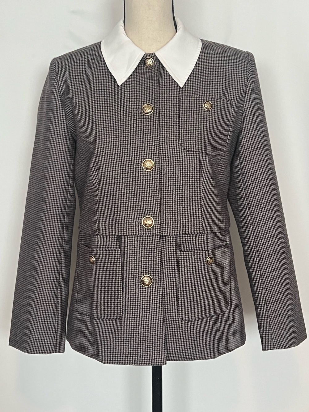 Sandro Paris Houndstooth Wool Blend Jacket Removable Collar Small